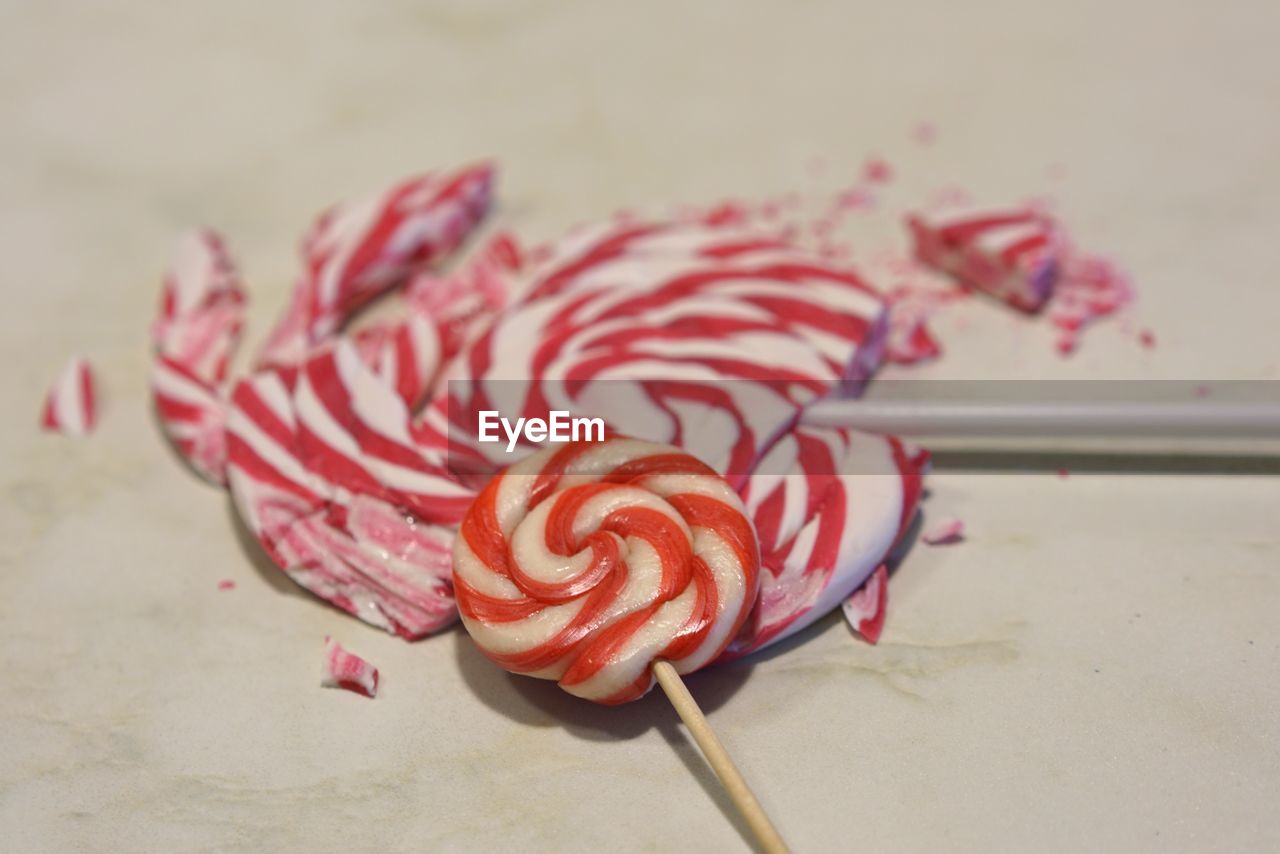 Close-up of lollipops on white table