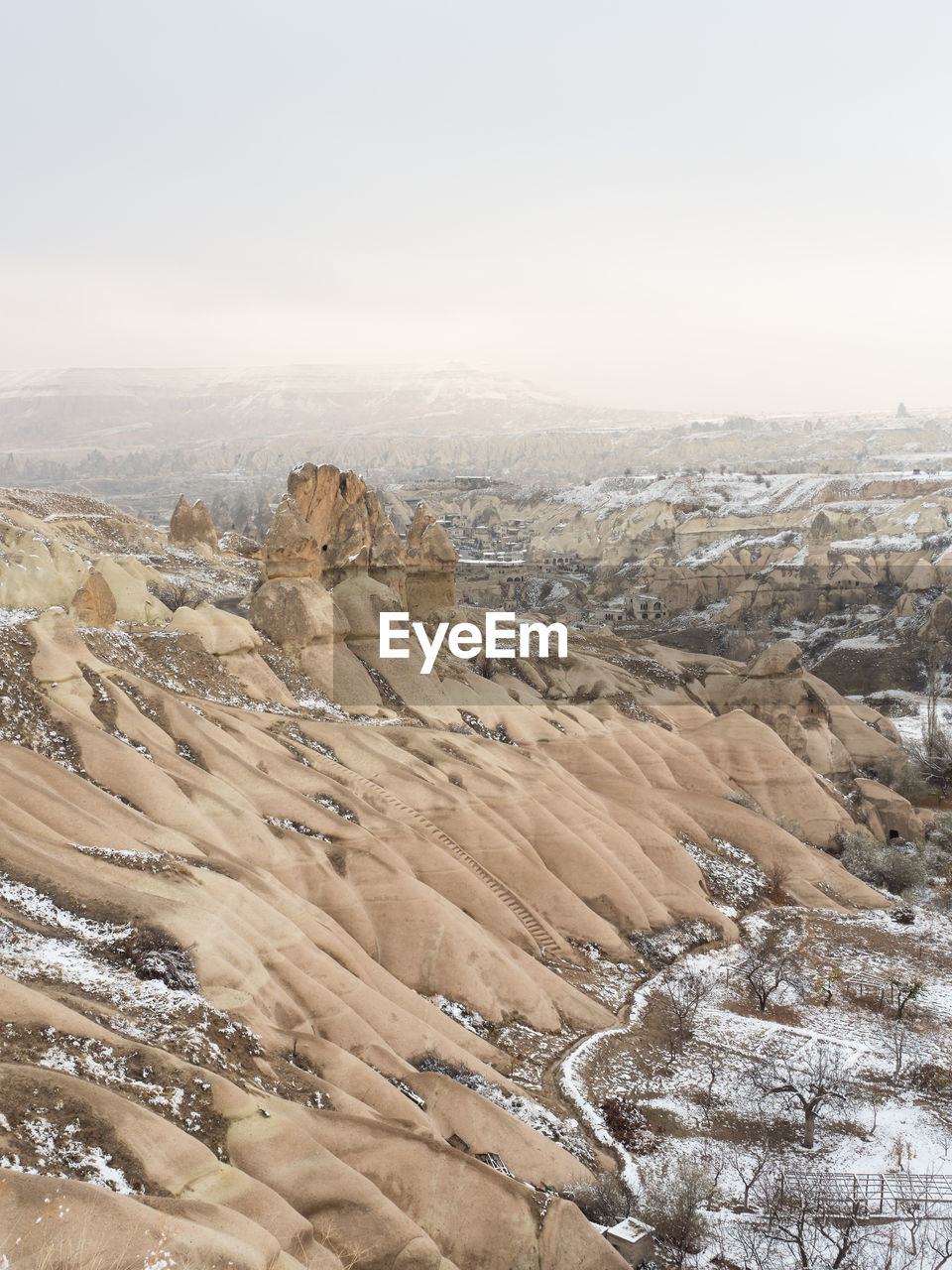 HIGH ANGLE VIEW OF ARID LANDSCAPE AGAINST CLEAR SKY