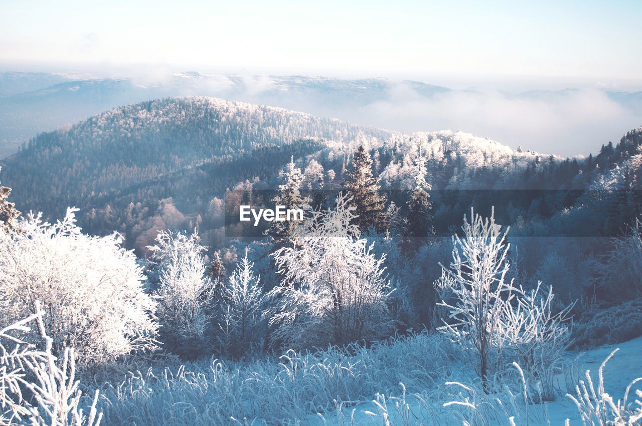 Scenic view of snow covered mountains against sky