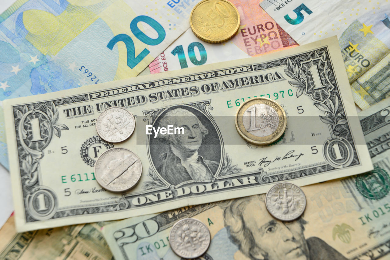 Euro and us dollars coins and banknotes