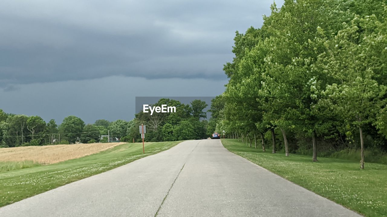 Road amidst trees on field against sky