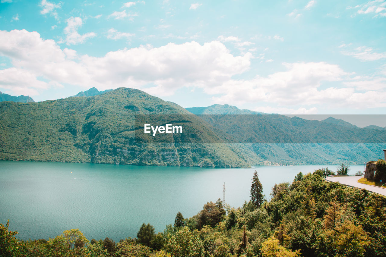 View over the village of anfo at lake idro, lombardy, italy at sunny summer day. 