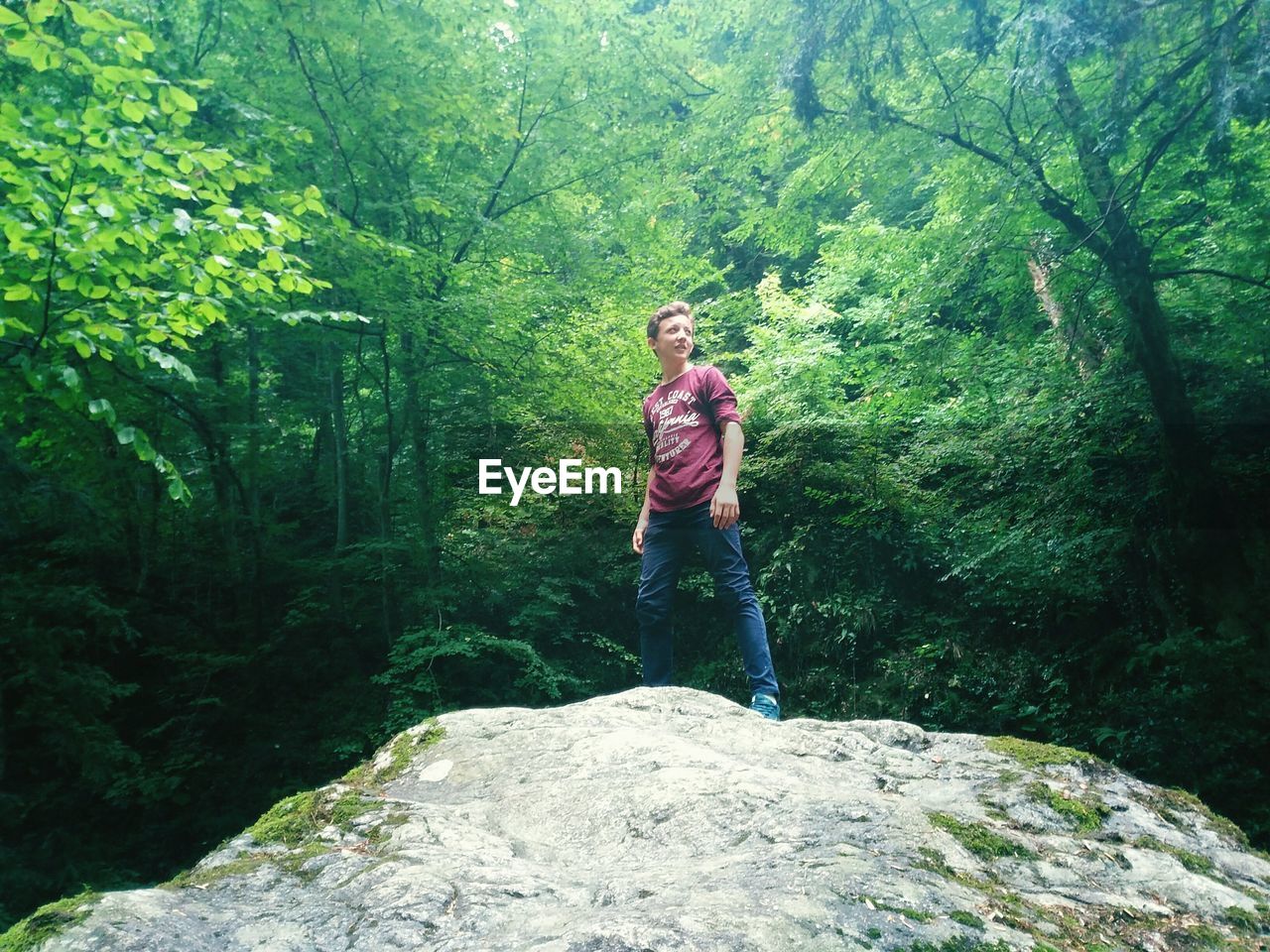 MAN STANDING ON ROCKS IN FOREST