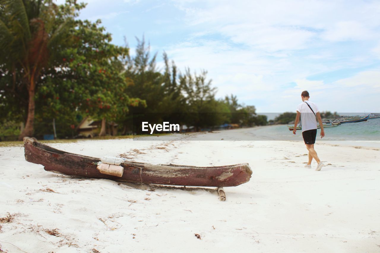 REAR VIEW OF MAN ON BEACH