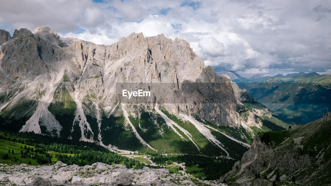 Scenic view of mountains against cloudy sky