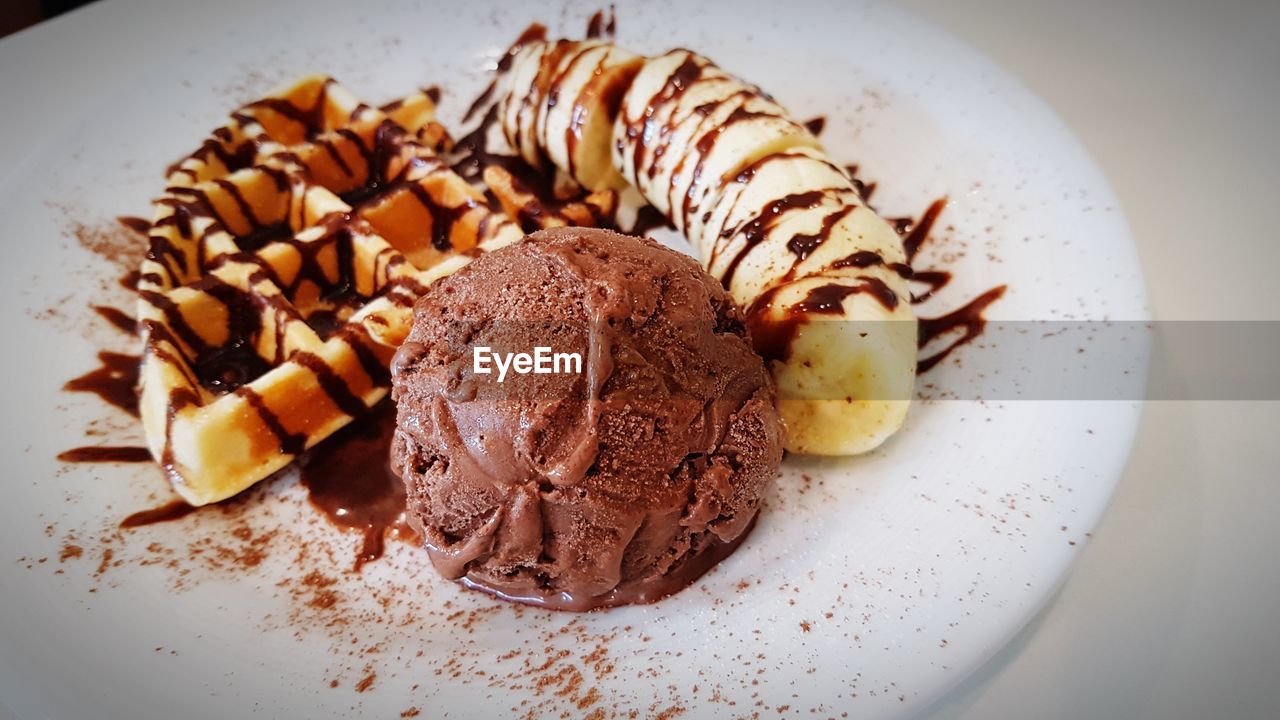 CLOSE-UP OF ICE CREAM SERVED IN PLATE WITH SPOON