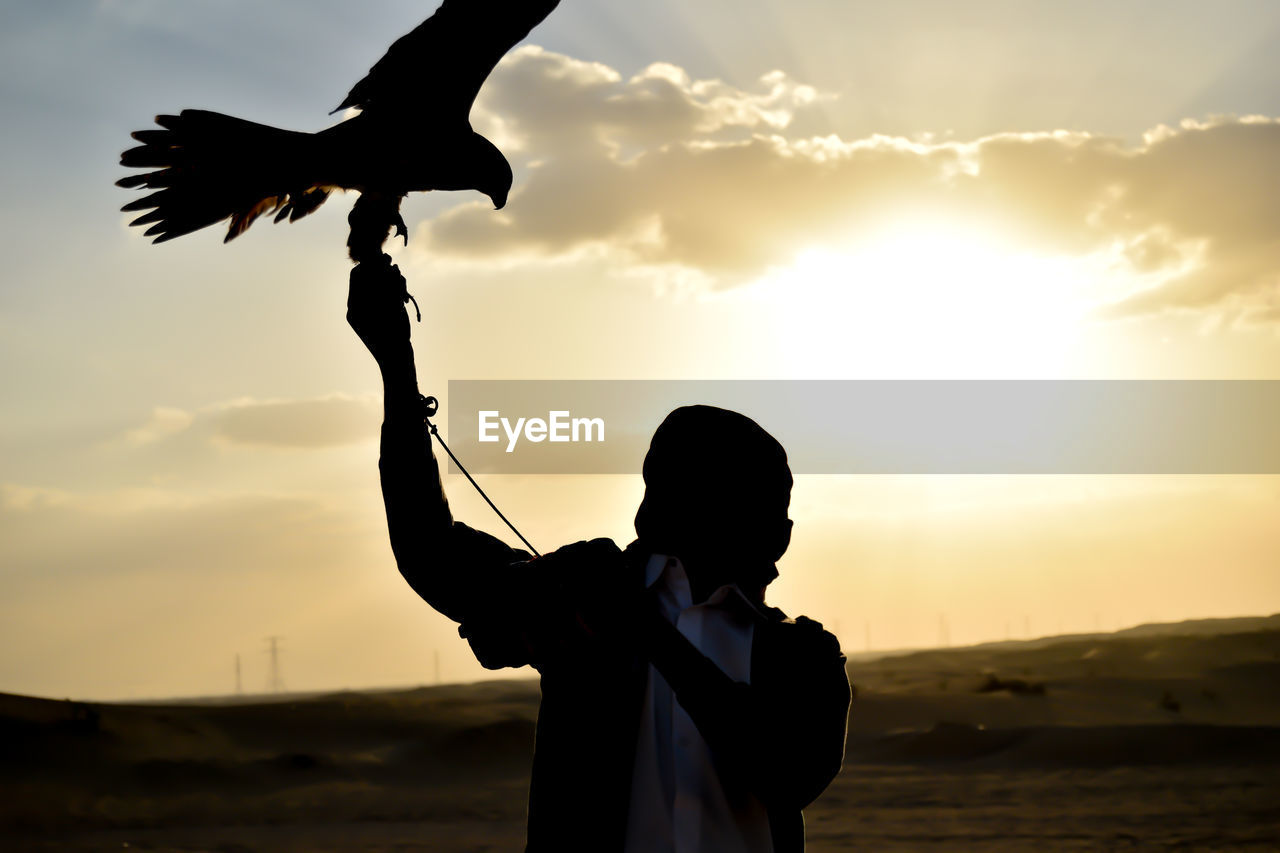 Man with eagle standing against sky during sunset
