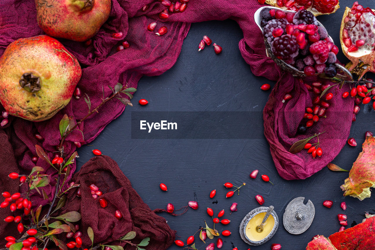 High angle view of fruits on table