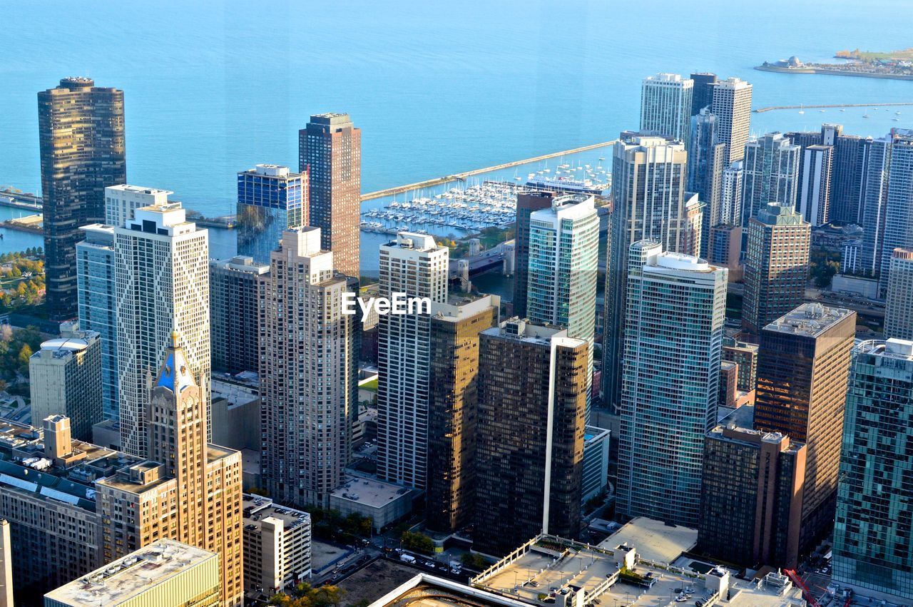 High angle view of skyscrapers in city