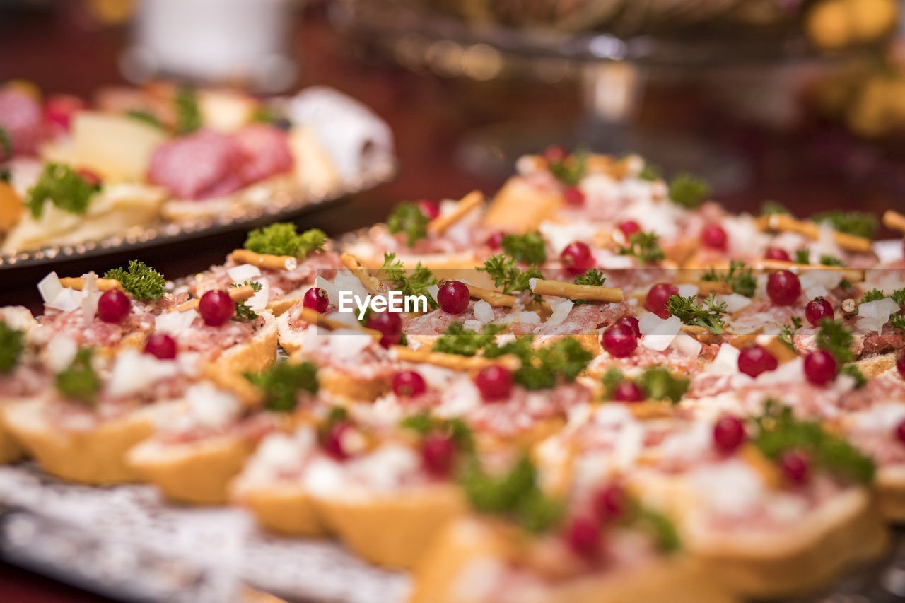 Close-up of appetizers in tray on table