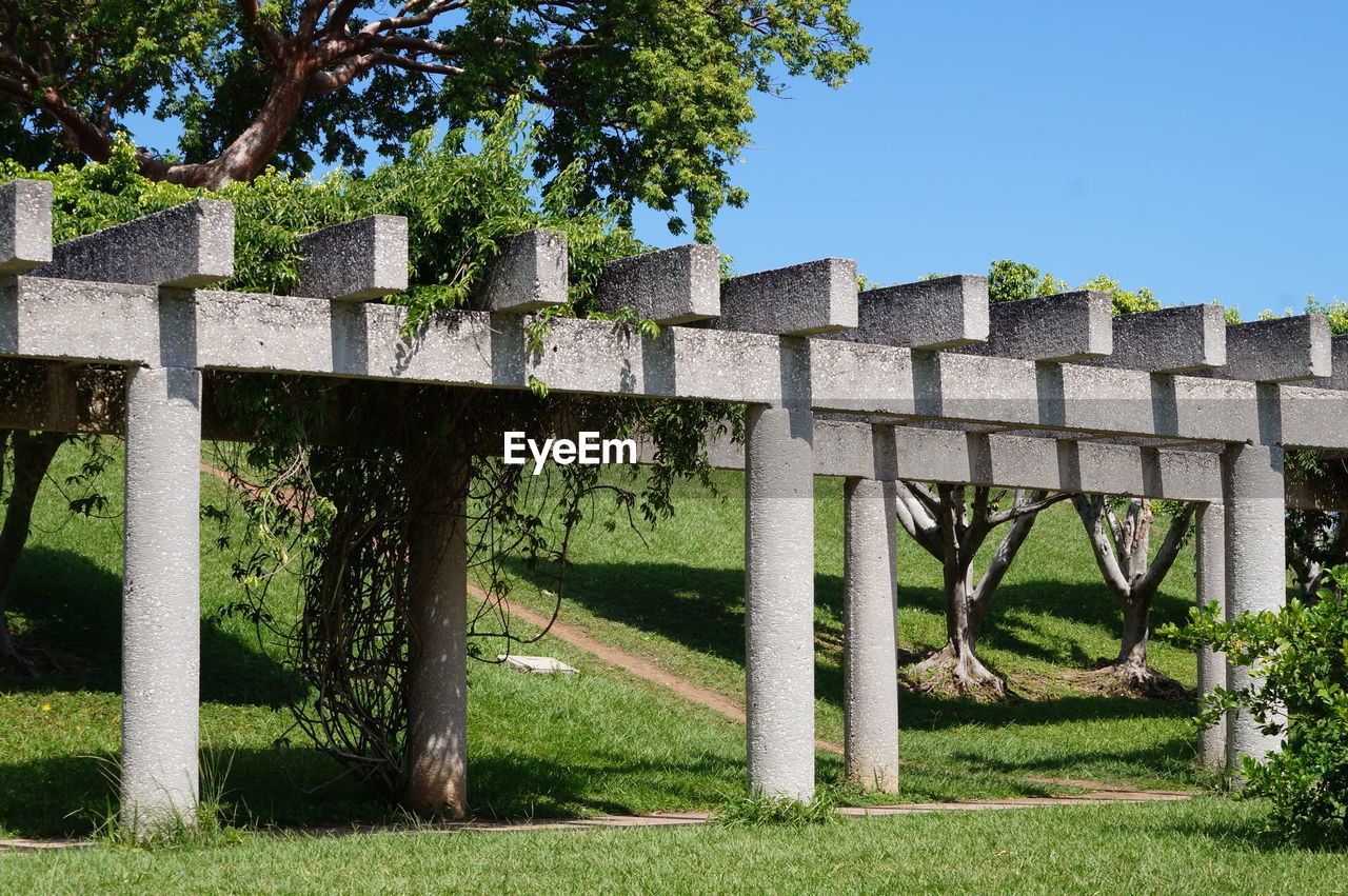 Built structure on field against clear sky