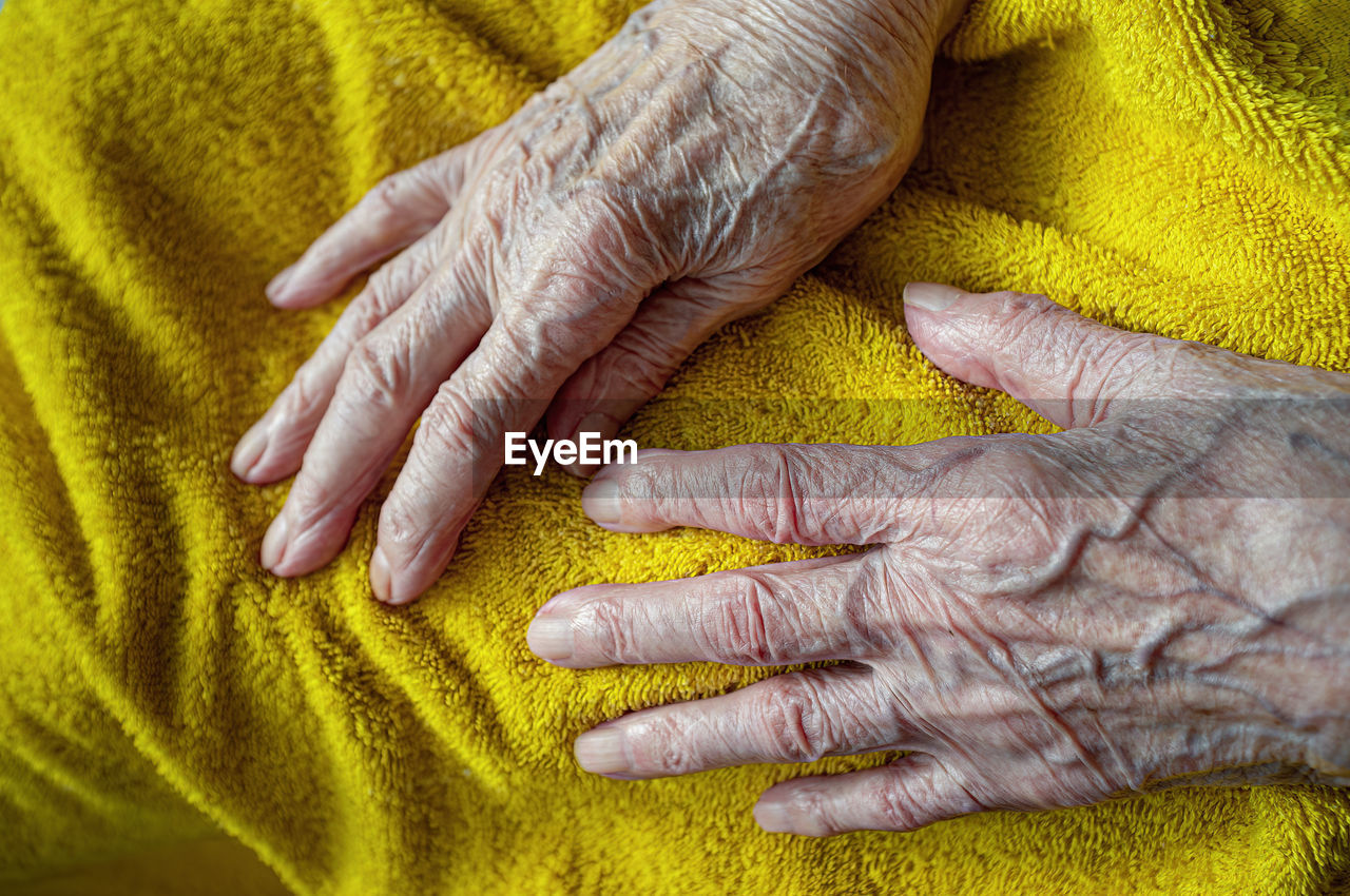 Aging process. very old senior woman hands wrinkled skin person