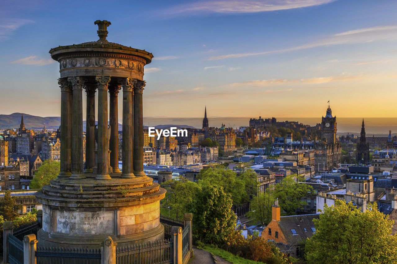 Uk, scotland, edinburgh, view from calton hill with dugald stewart monument in foreground