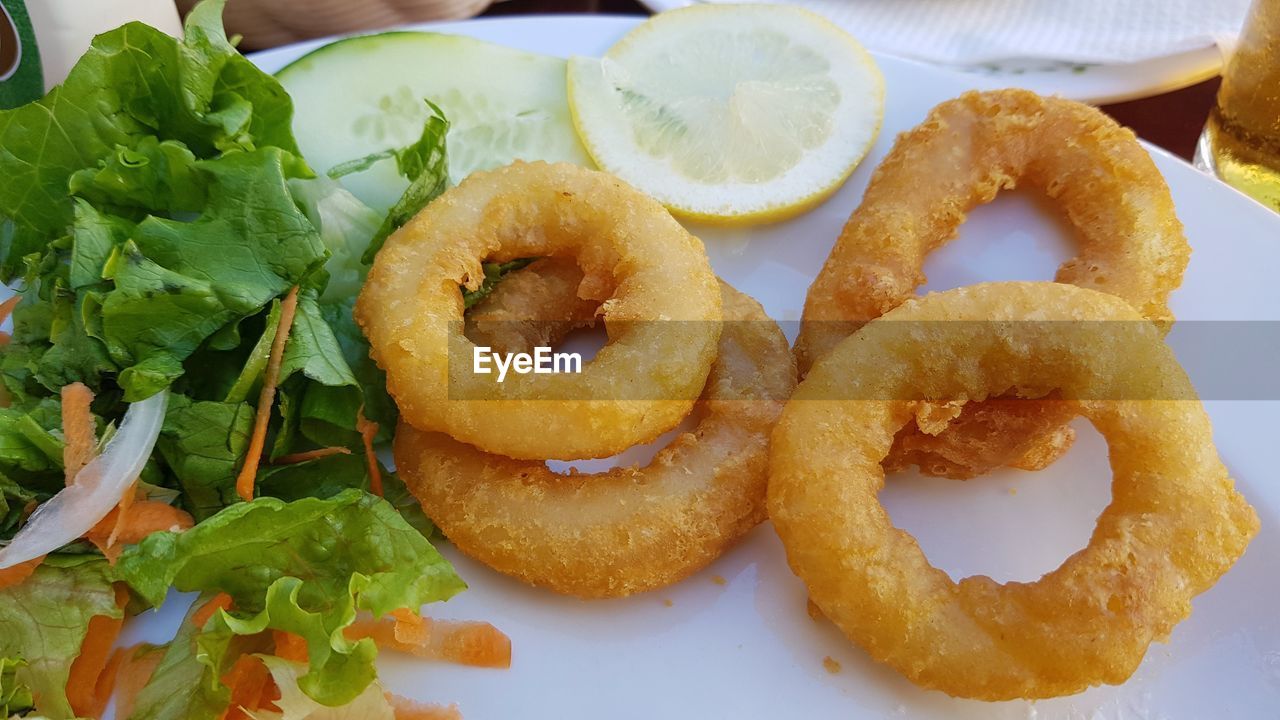 High angle view of calamari in plate