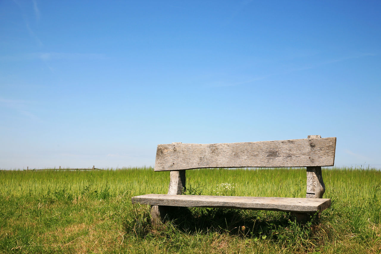 EMPTY BENCH ON FIELD AGAINST CLEAR BLUE SKY