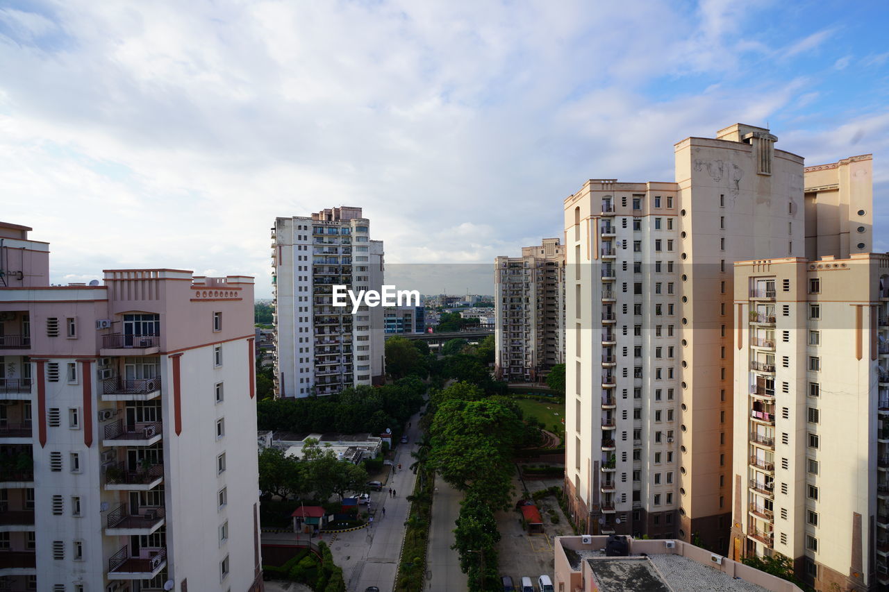 High angle view of street amidst buildings in city