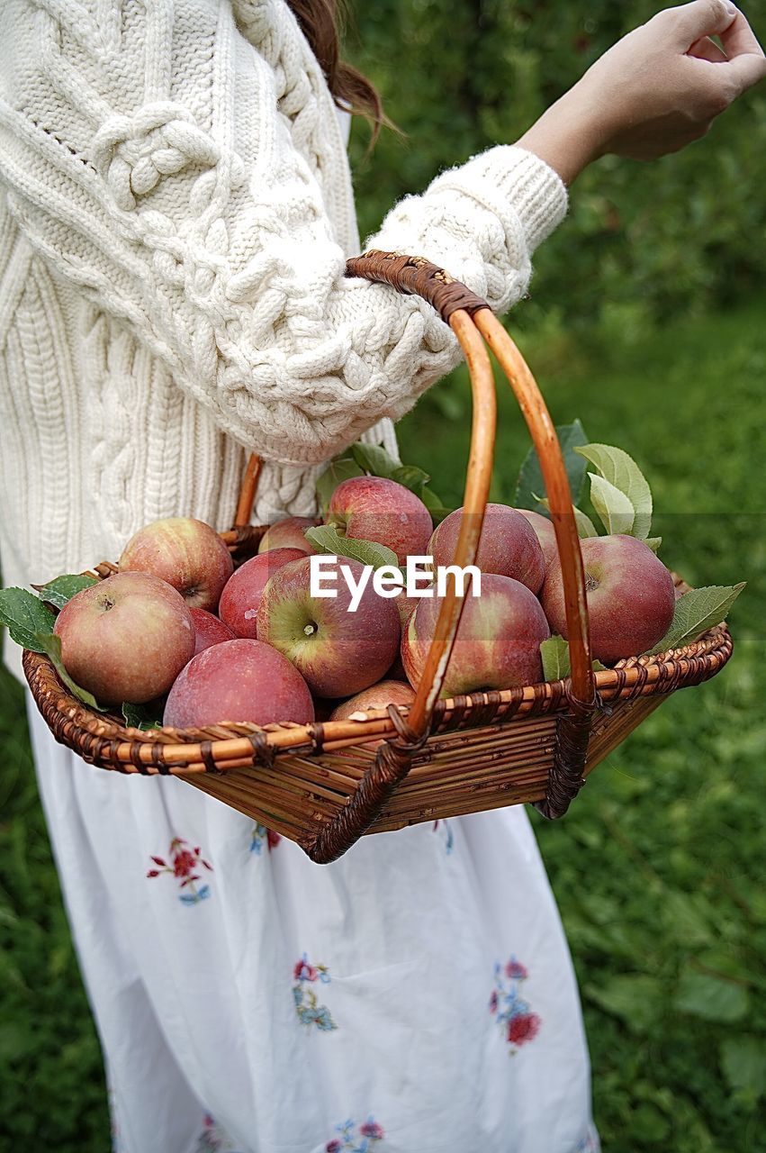 Midsection of man holding apple in basket