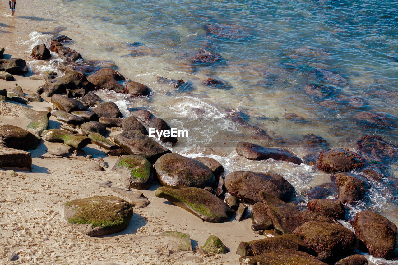 High angle view of rocks on beach