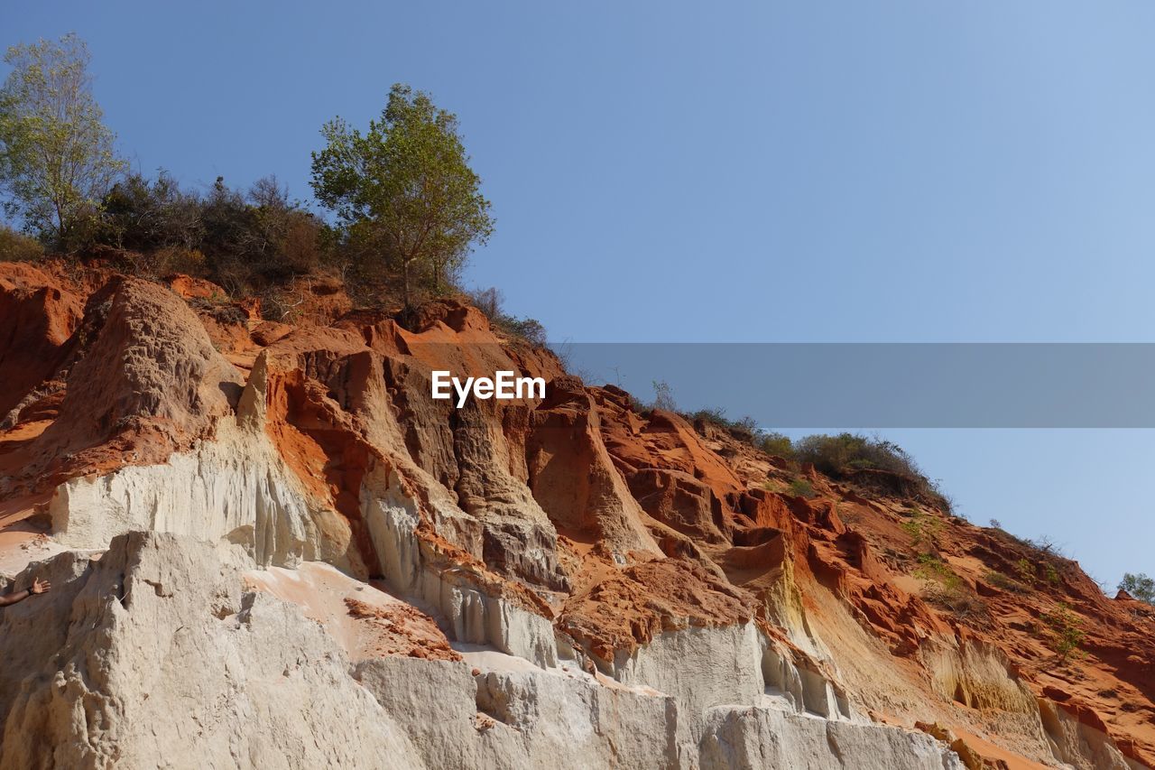 Low angle view of rock formation against clear sky