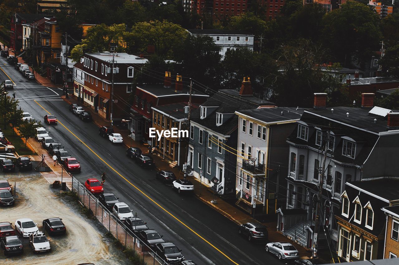 High angle view of cars on street in city