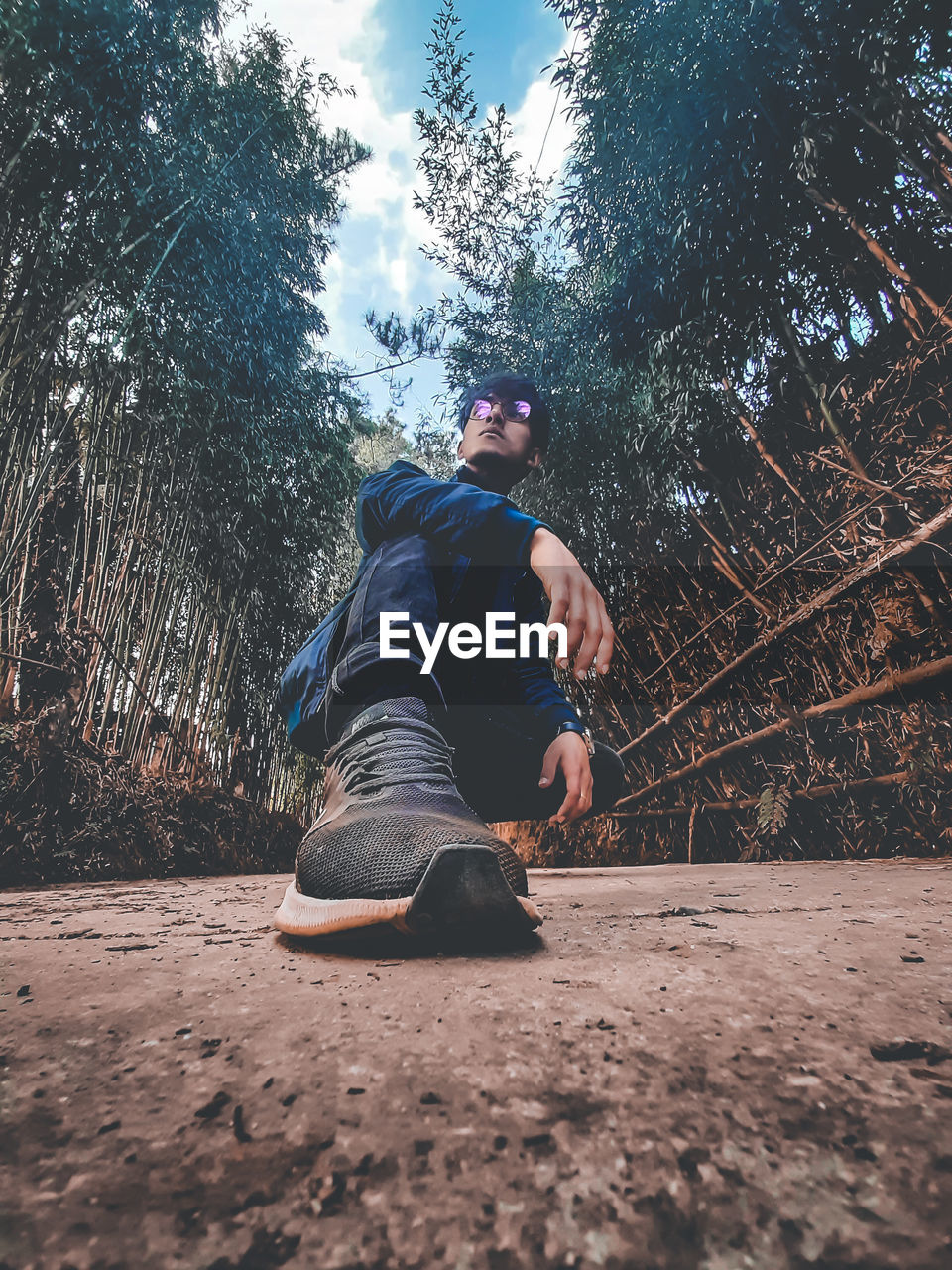 Low angle view of young man in forest