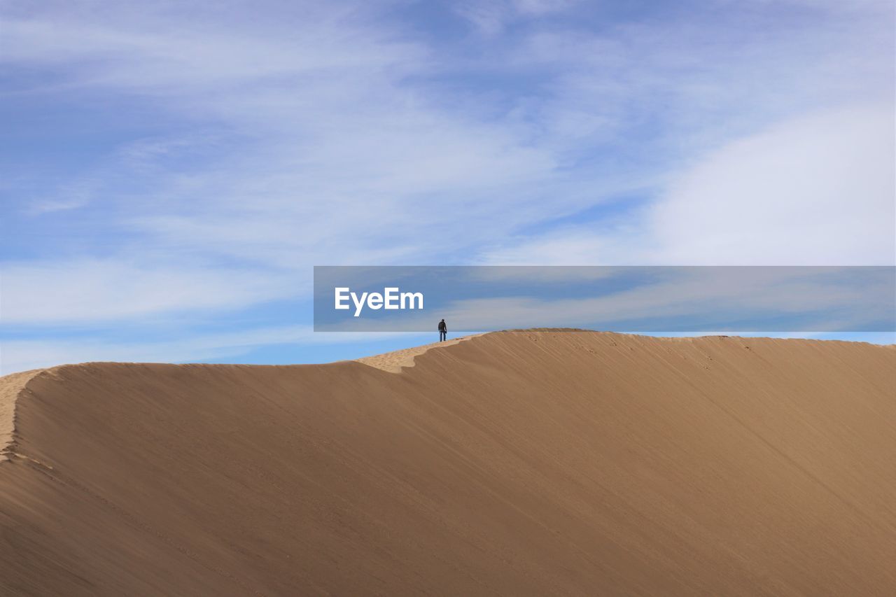 Person standing on desert against sky