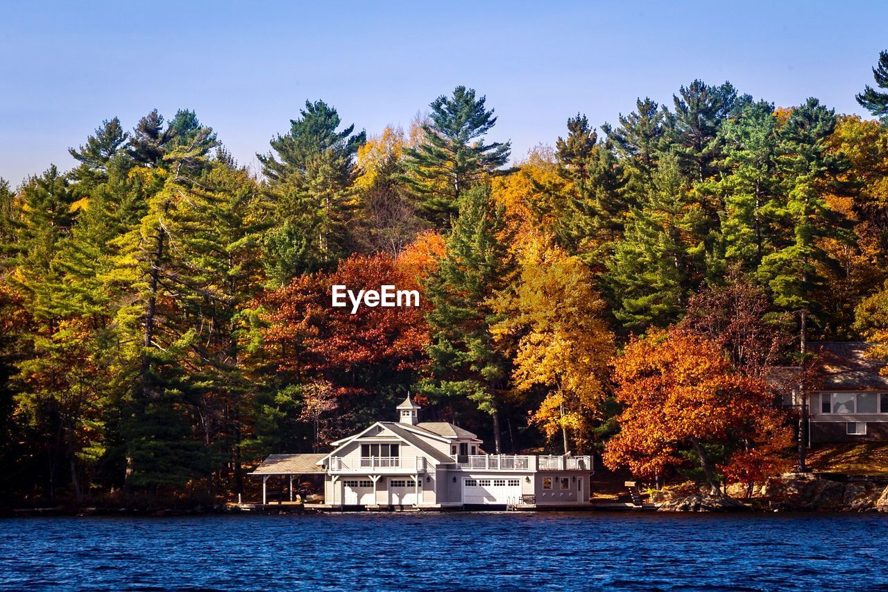 Trees by lake against sky during autumn