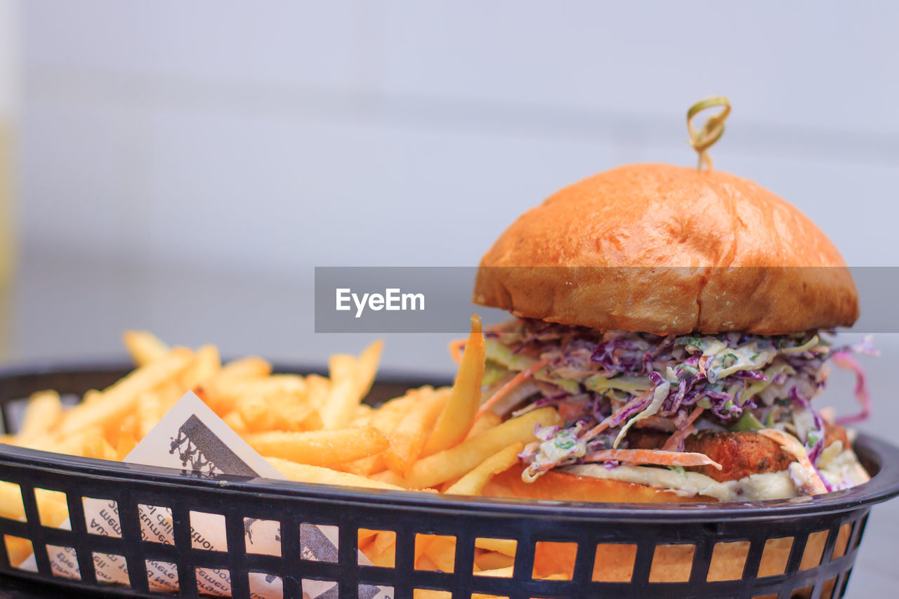 Close-up of burger in basket