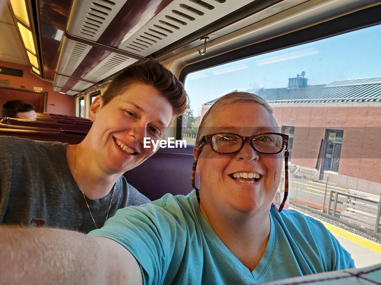 Portrait of smiling couple sitting by window in train