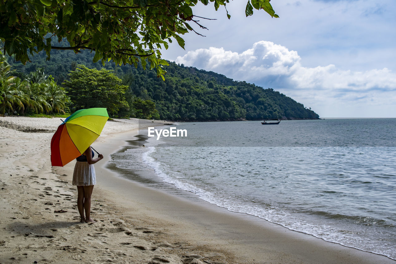 WOMAN ON BEACH AGAINST SEA