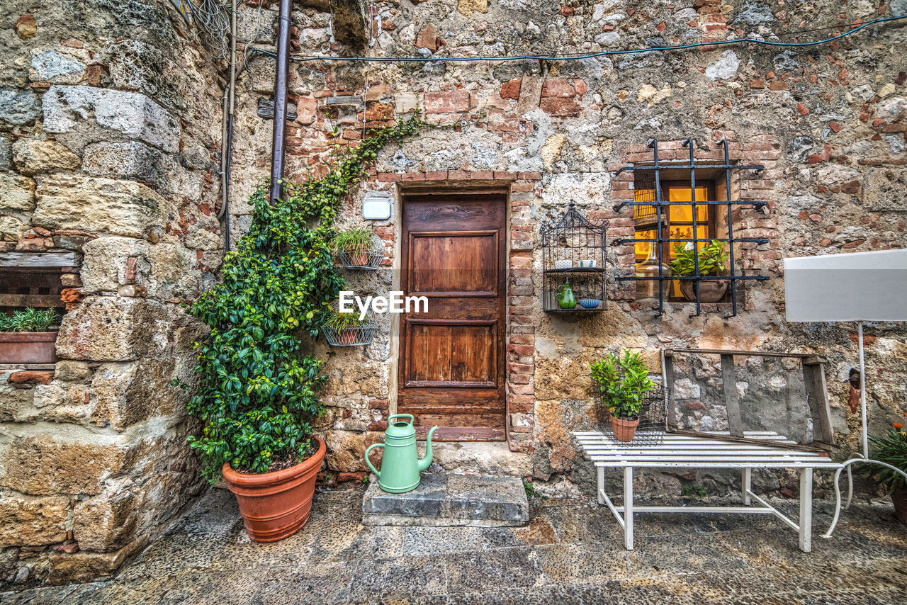 POTTED PLANTS ON WALL OF HOUSE