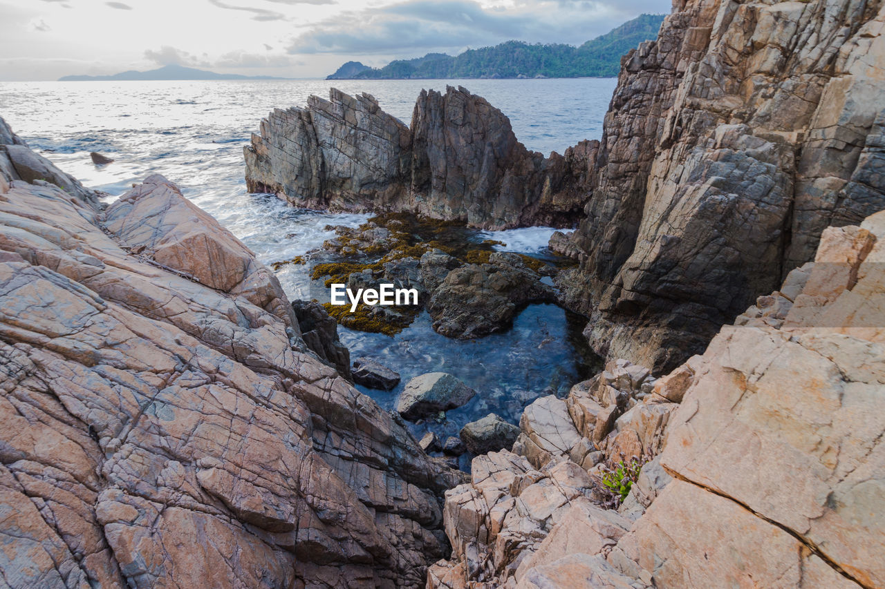 Scenic view of rocks and sea against sky