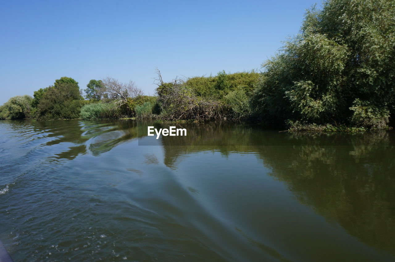 SCENIC VIEW OF CALM LAKE AGAINST CLEAR SKY