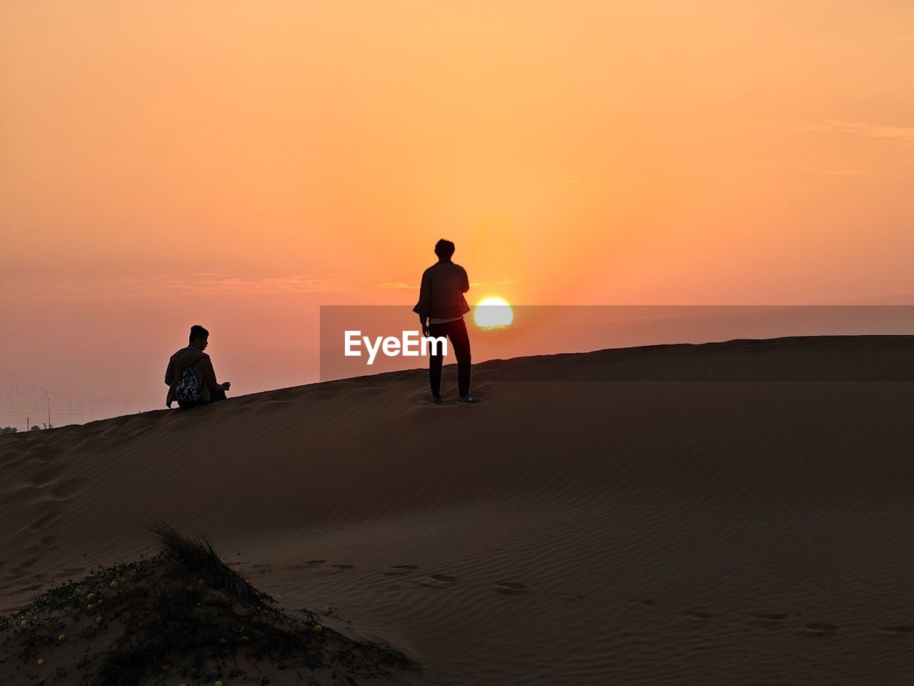 sunset, land, sky, natural environment, sand, sand dune, nature, orange color, desert, silhouette, landscape, scenics - nature, beauty in nature, full length, erg, adult, men, travel, environment, horizon, two people, lifestyles, holiday, leisure activity, tranquility, vacation, travel destinations, trip, sun, sunlight, walking, beach, outdoors, togetherness, dune, singing sand, tourism, dusk, motion, copy space, tranquil scene, climate, sea, activity, non-urban scene, water, animal, clear sky