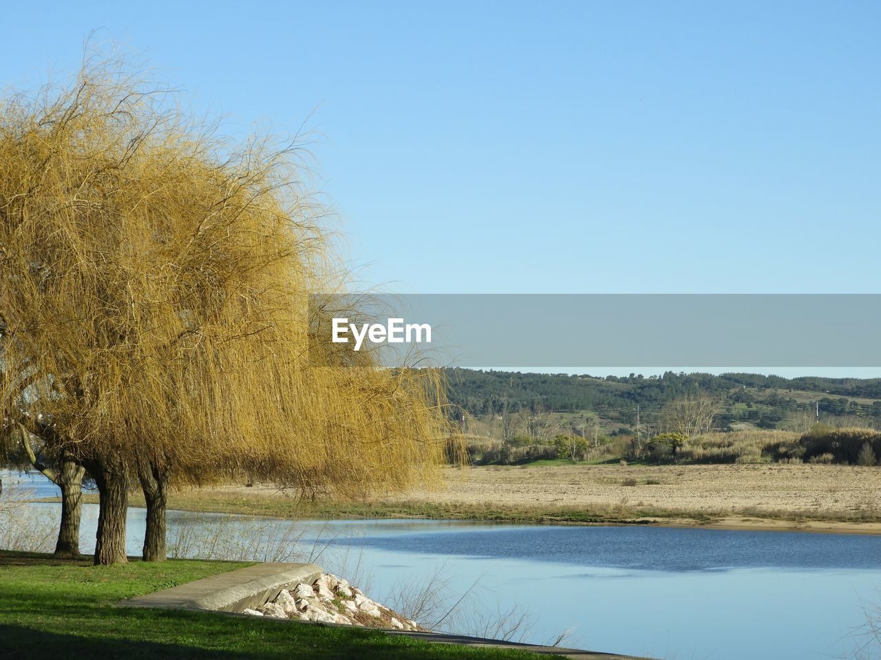 Scenic view of lake against clear sky