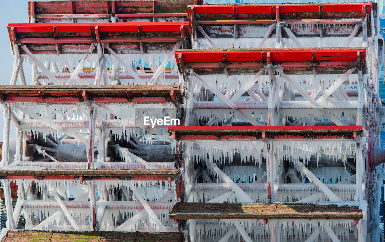 Close-up of frozen paddleboat wheels