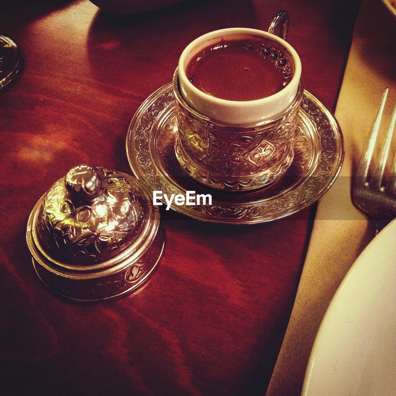 High angle view of turkish coffee on table