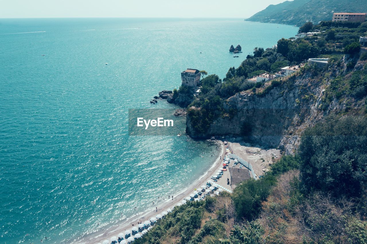 High angle view of sea against clear sky