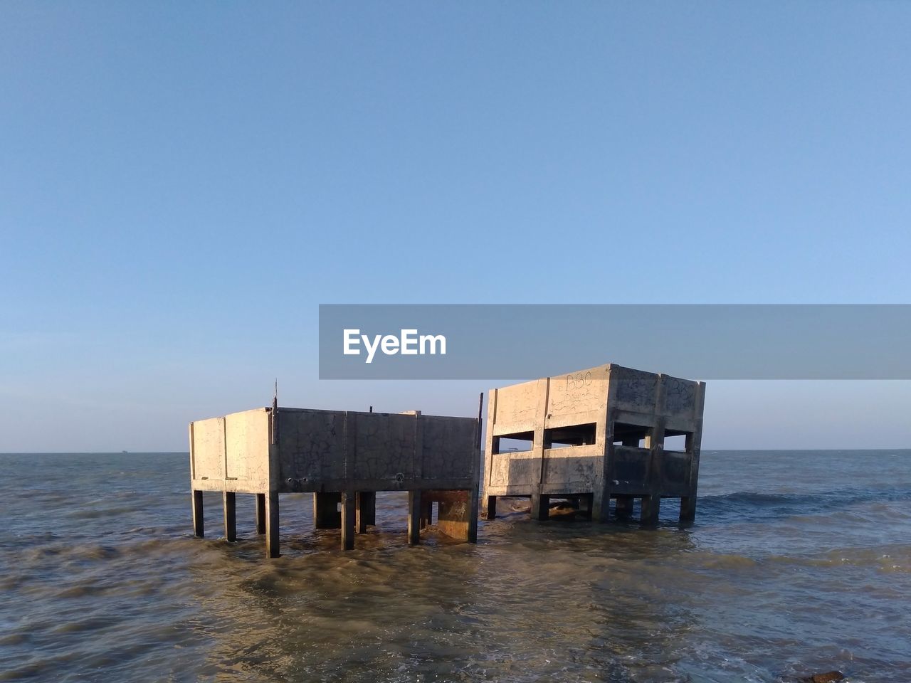 LIFEGUARD HUT ON SEA AGAINST CLEAR SKY