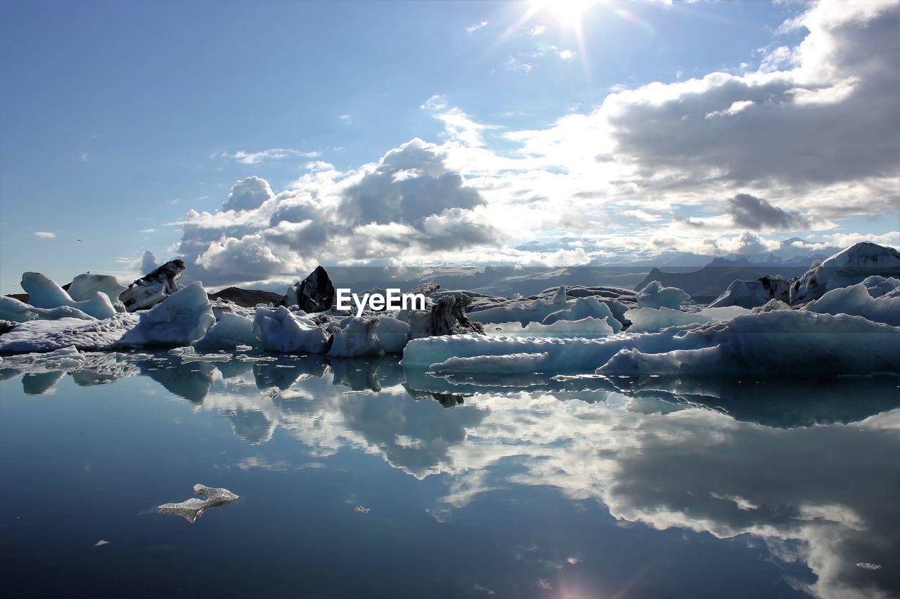 FROZEN LAKE AGAINST SKY DURING WINTER