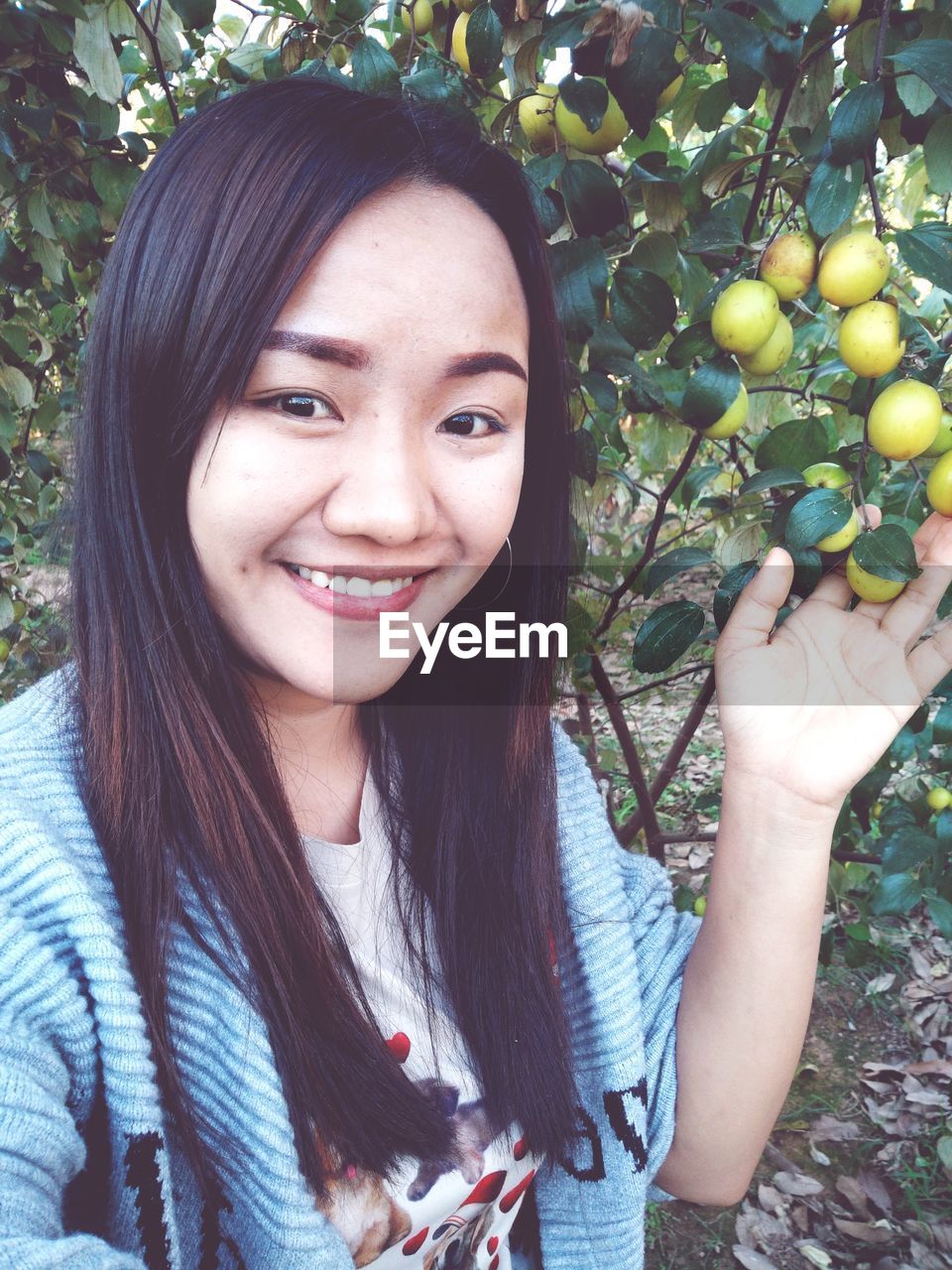 Portrait of smiling woman holding lemons on tree