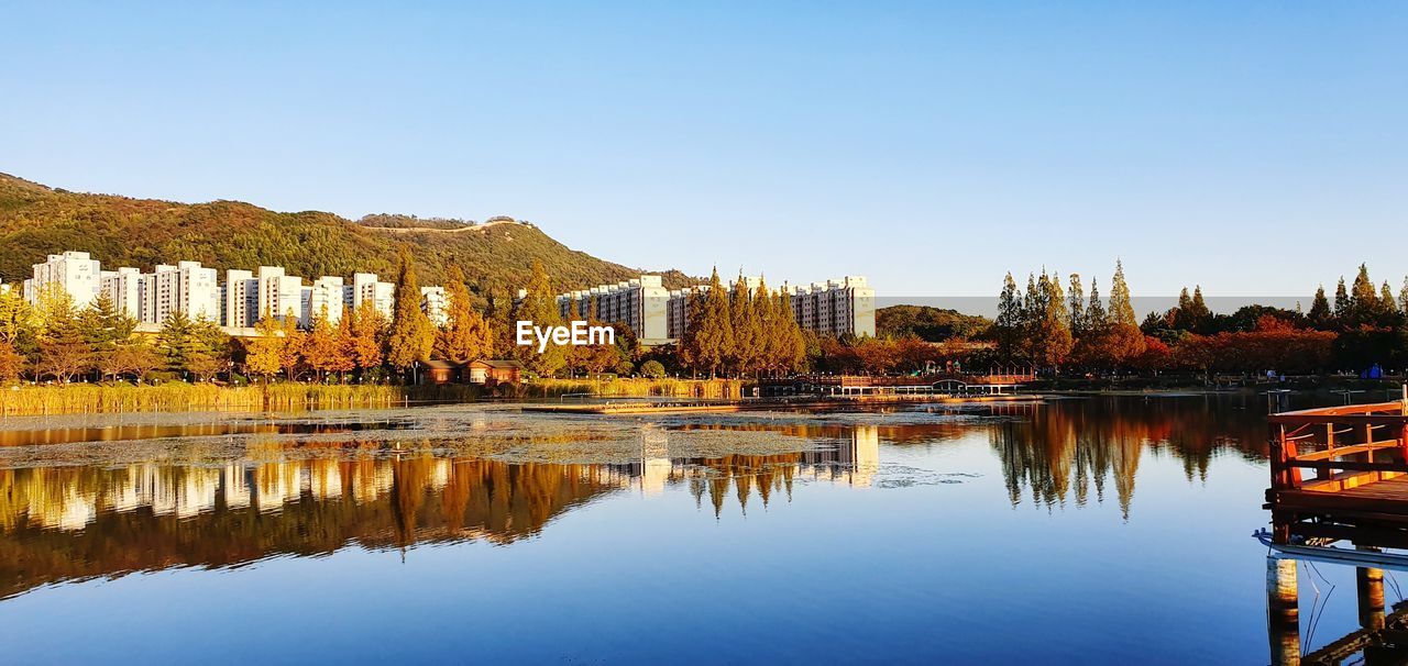 REFLECTION OF TREES IN LAKE AGAINST SKY