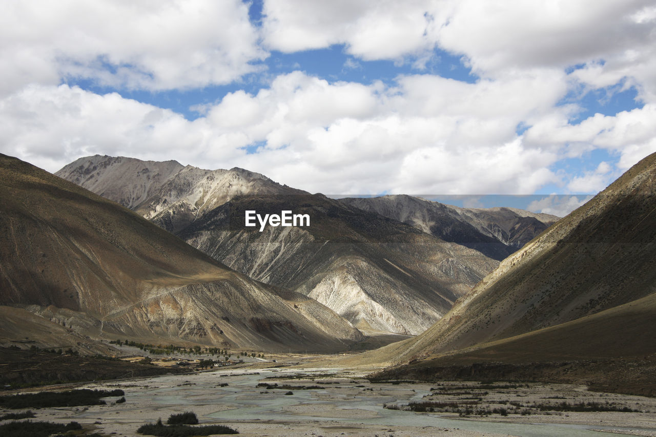 Scenic view of lake by mountains against sky