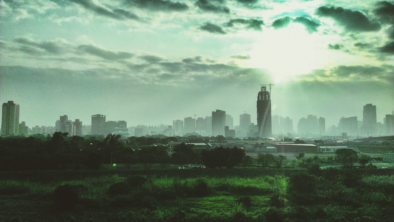 View of foggy cityscape