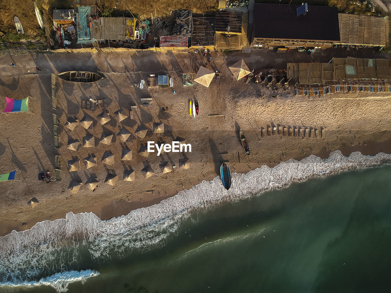 Aerial view of beach umbrellas on seashore