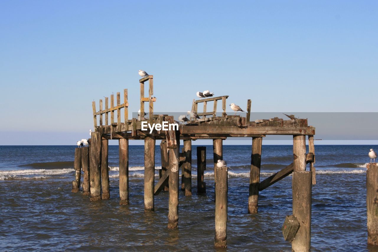 WOODEN PIER ON SEA AGAINST CLEAR SKY