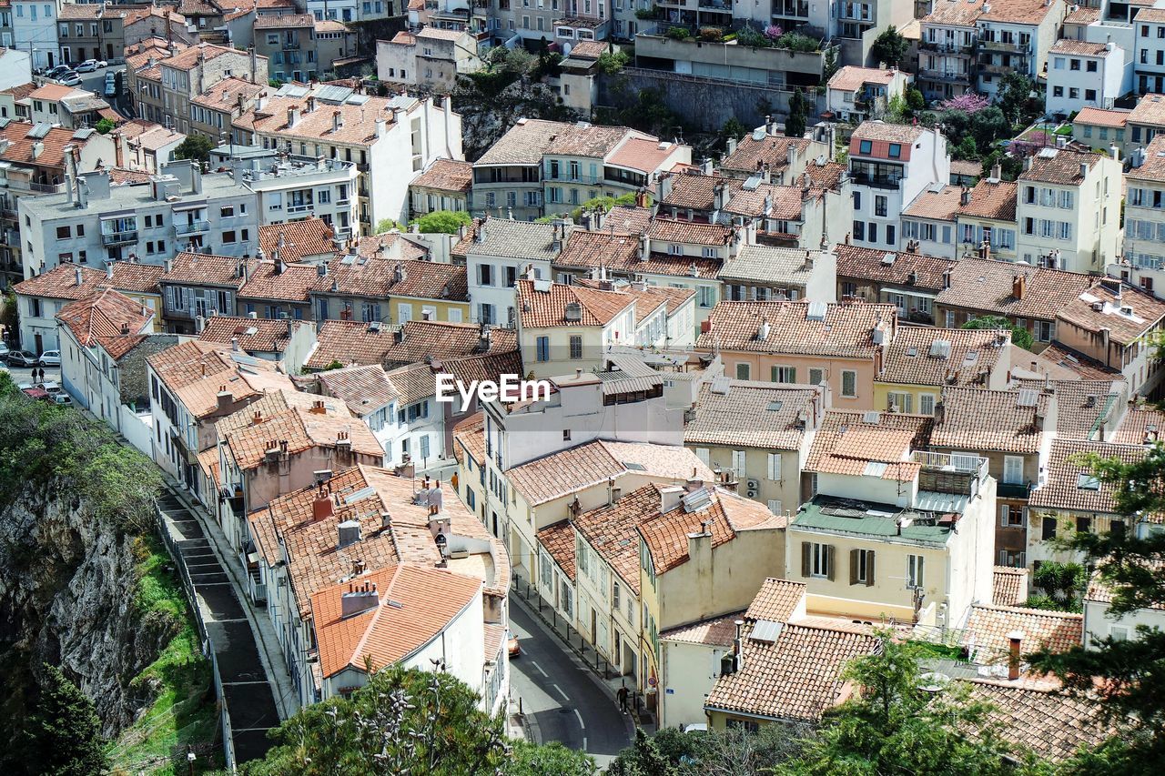 High angle view of buildings in city