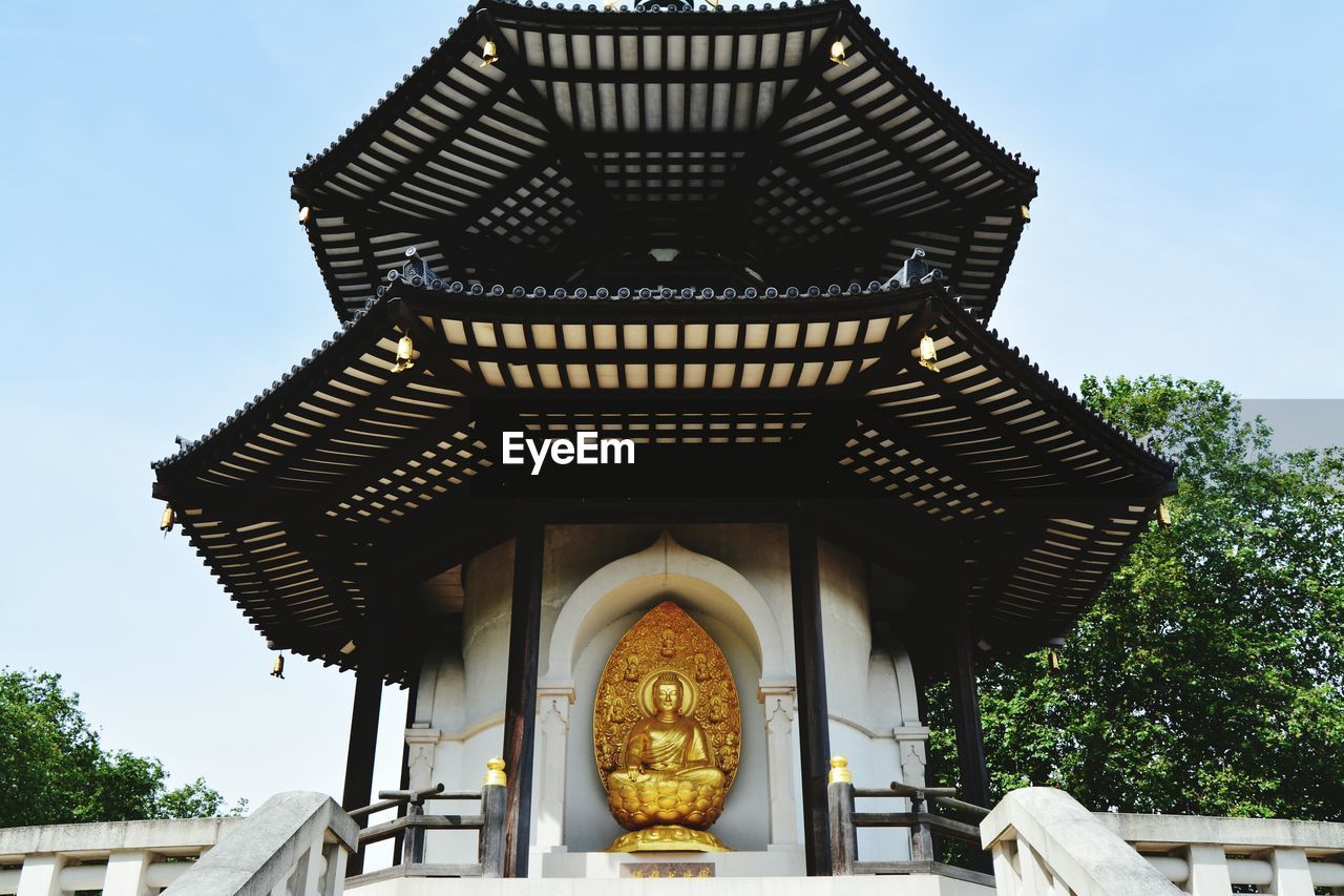 Low angle view of buddha statue at temple against sky