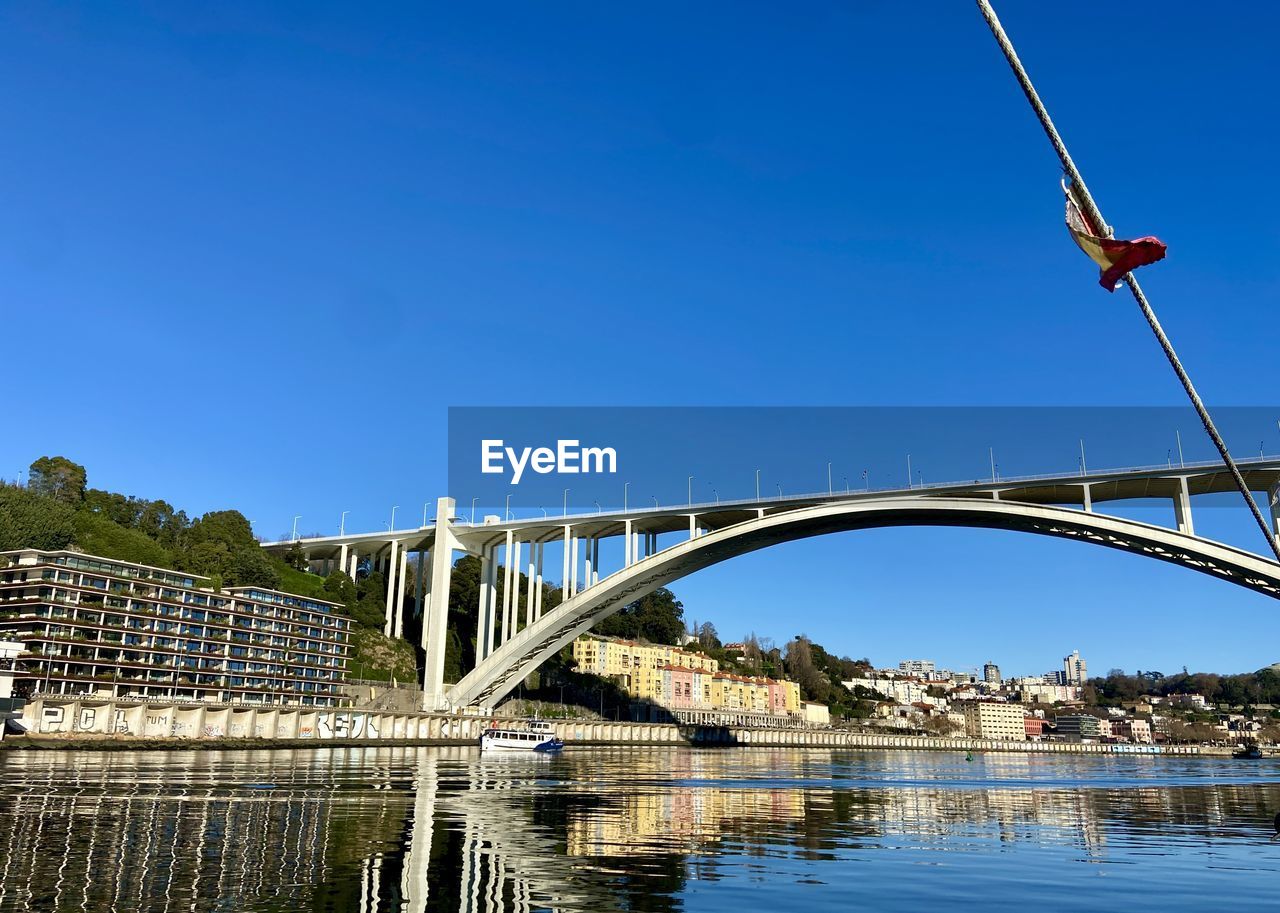 bridge, architecture, built structure, water, sky, transportation, nature, clear sky, blue, city, river, travel destinations, no people, arch bridge, day, travel, sunny, reflection, building exterior, outdoors, cable-stayed bridge, landmark, tourism, waterfront, landscape, environment, sunlight, cityscape