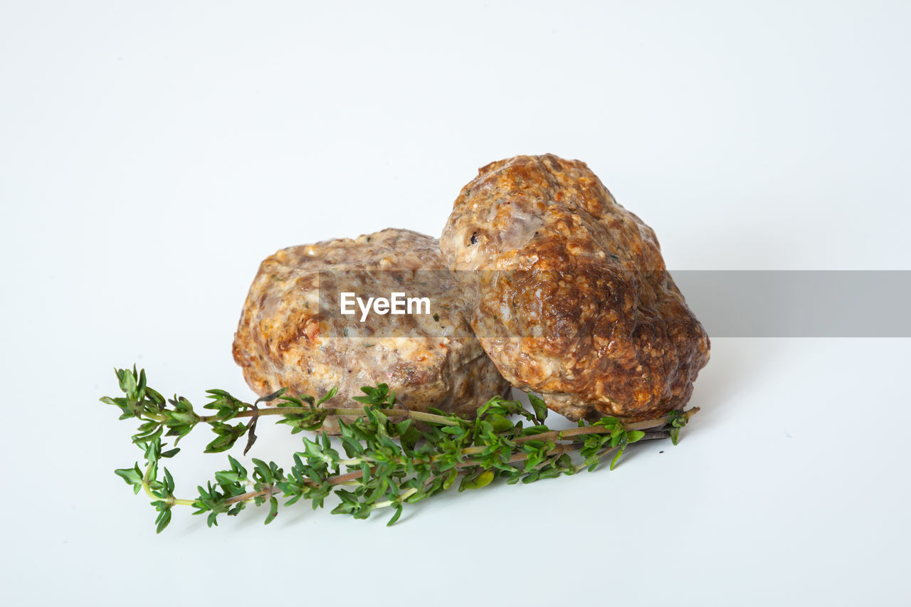 Close-up of food with herb against white background